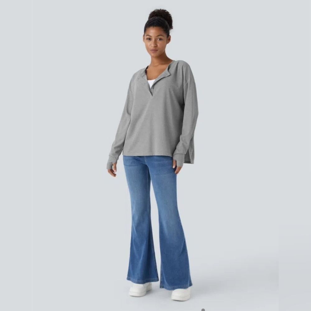 NWT HALARA Button Front Thumb Hole Split Waffle Sweatshirt (Size: XS)